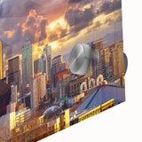 Large abstract wall art of Seattle skyline in muted blue tones on acrylic glass, suitable for dining room art.