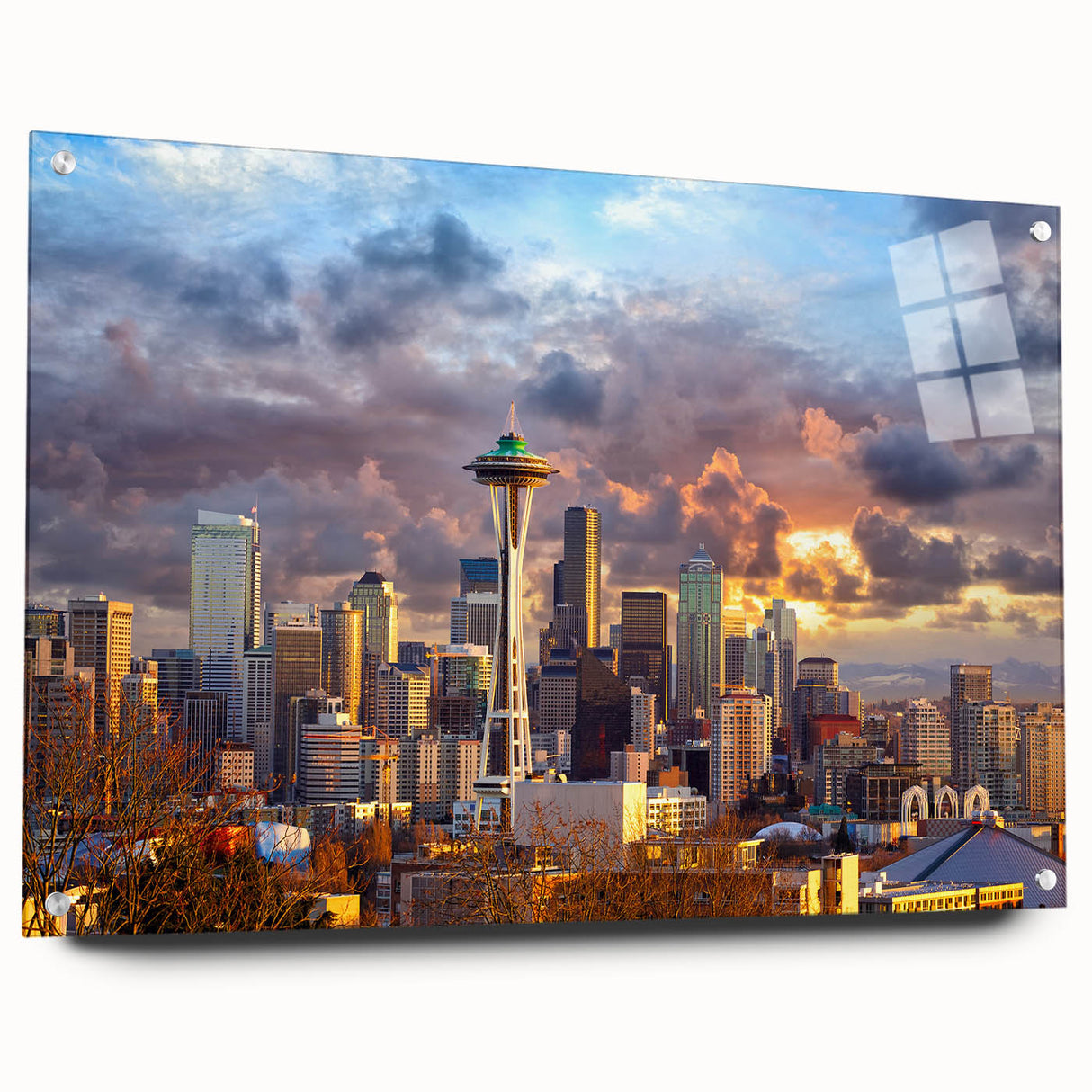 Acrylic print of Seattle skyline in muted gray tones, suitable for bedroom or dining room decor.