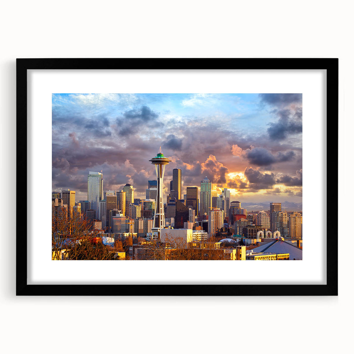 Abstract art print of Seattle skyline in vibrant colors on a textured, extra large canvas, ideal for living room decor.