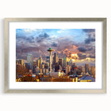 Textured art print of abstract Seattle skyline in muted gray and silver tones on a framed canvas, suitable for bedroom decor.