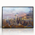 Large abstract wall art depicting the Seattle skyline in muted gray and blue tones on a framed acrylic print.