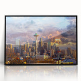 Large abstract wall art depicting the Seattle skyline in muted gray and blue tones on a framed acrylic print.