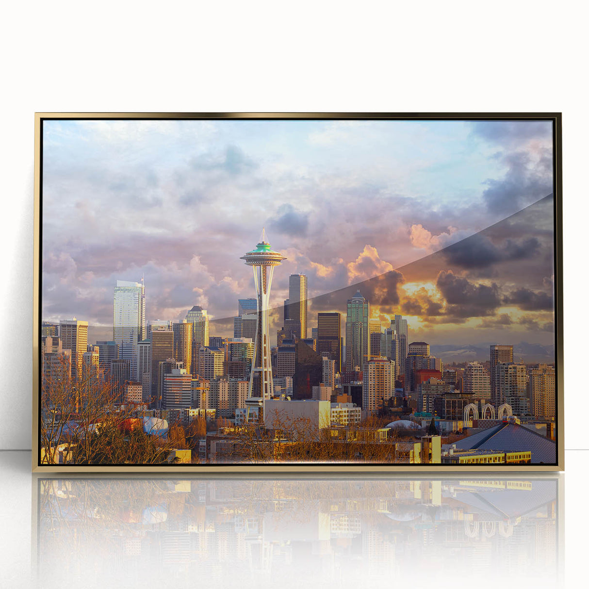 Framed acrylic print of Seattle skyline in gold and blue tones, ideal for modern art wall decor.