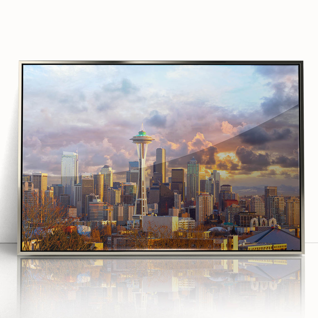 Mid-century modernist art depicting the Seattle skyline in muted gray and blue tones on a framed acrylic print.