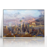 Acrylic print of Seattle skyline in muted gray tones, framed in white, suitable for modern art wall decor.