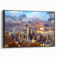 Framed canvas featuring a black and white vintage poster art of Seattle landscape, ideal for bedroom wall decor.
