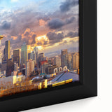 Black wall art featuring a textured close-up of the Seattle skyline on a framed canvas, ideal for living room decor.