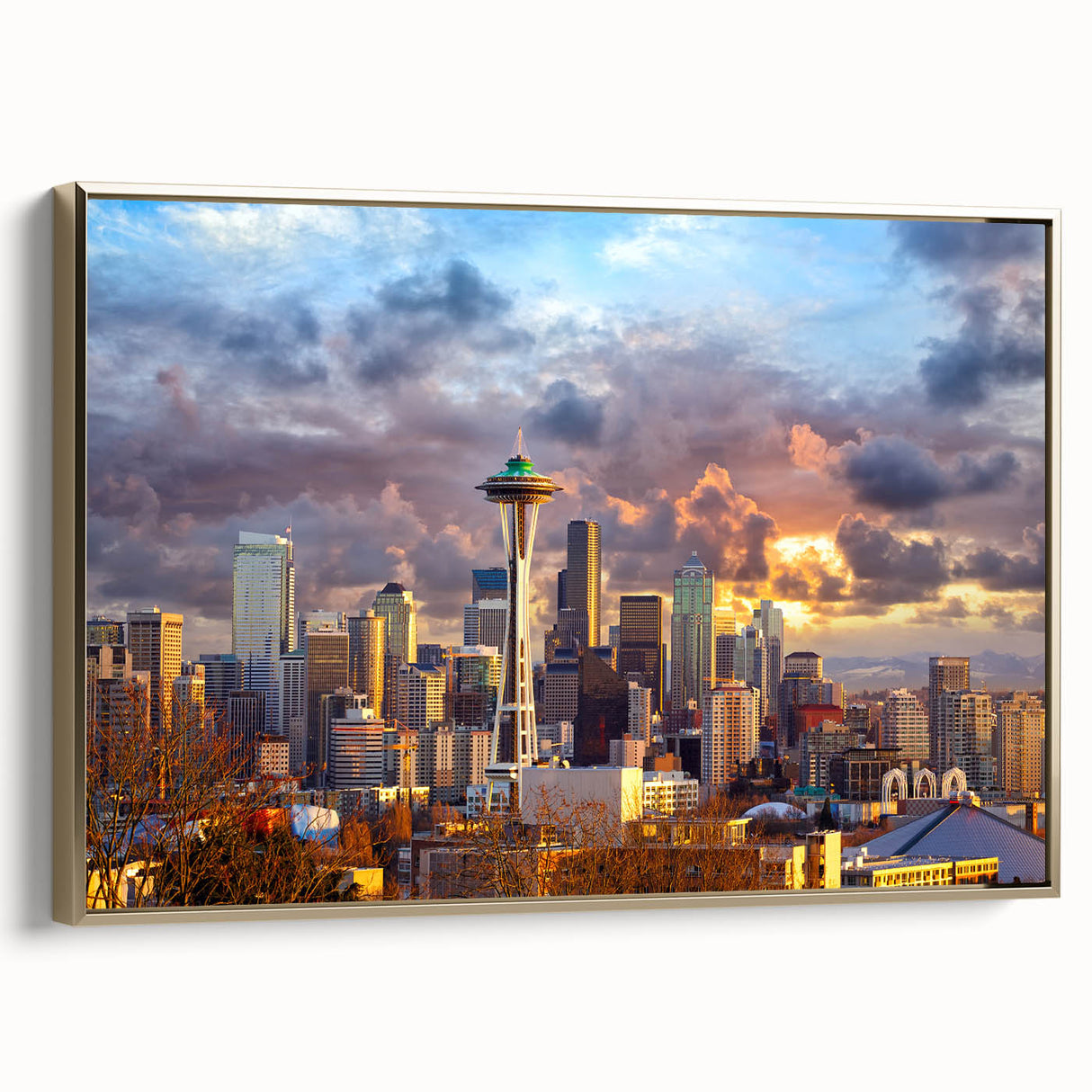 Framed canvas depicting a vintage-style Seattle landscape in muted gold and black tones, suitable for bedroom wall art.