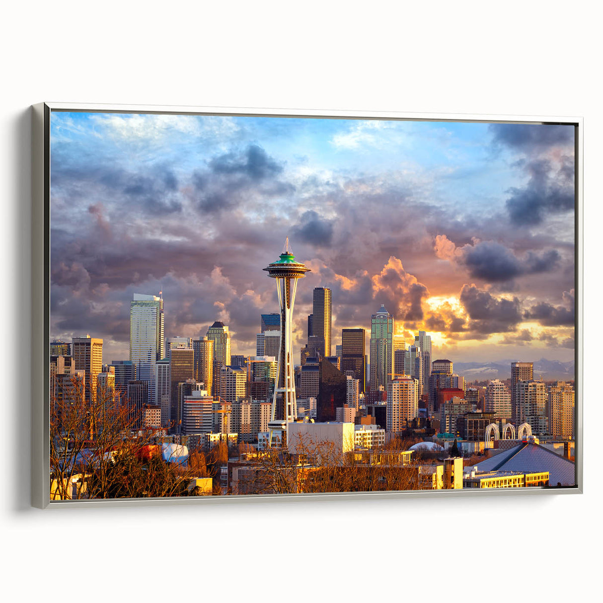 Framed canvas featuring a vintage-style Seattle landscape with colorful art elements and black borders.