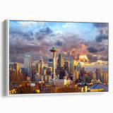 Vintage poster art of Seattle skyline on extra large framed canvas, featuring colorful art on black background.