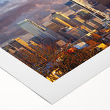 Art deco poster of Seattle skyline in muted grays and blues on rolled canvas, suitable for dining room decor.