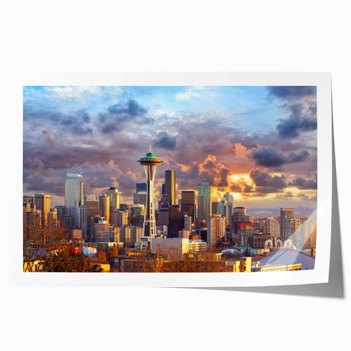 Rolled print of Seattle skyline with pastel shades, ideal for art wall in dining room.