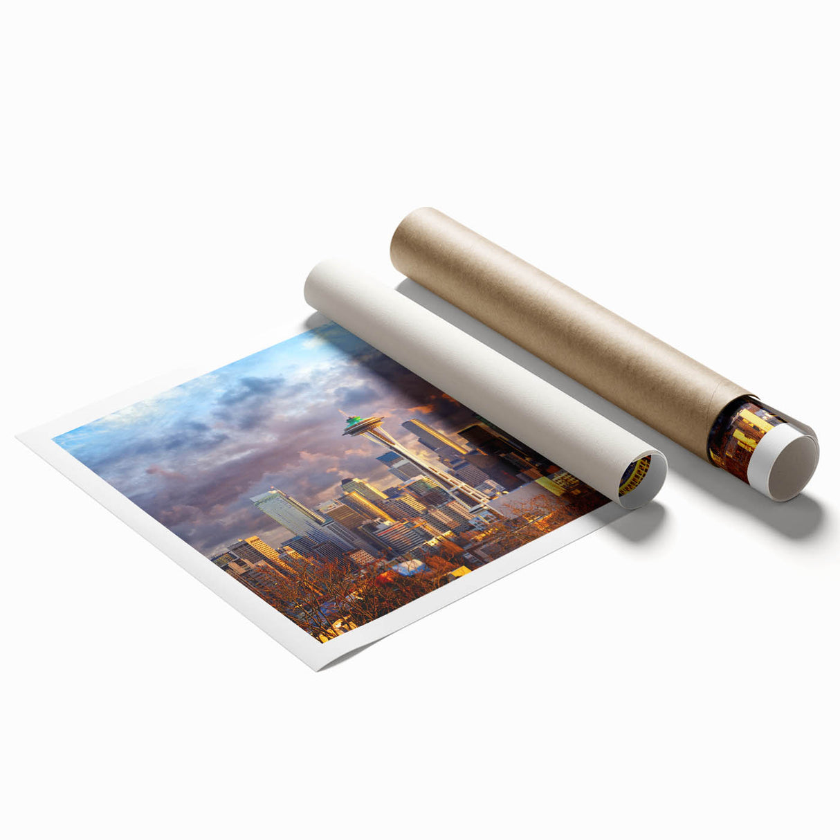 Extra large rolled print of Seattle scenery in soft pastel shades, ideal for classy bathroom wall art.