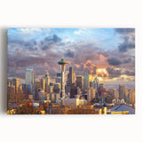 Black and white large art print of Seattle skyline on stretched canvas, ideal for kitchen wall art.