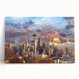 Black and white stretched canvas of Seattle skyline, ideal for kitchen wall art or bedroom ambiance.