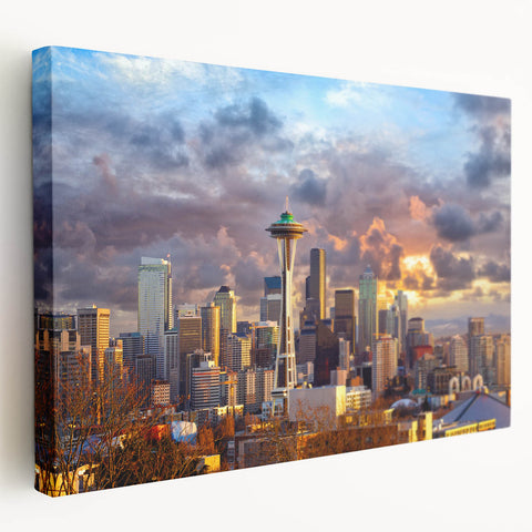 Side view of a stretched canvas featuring a detailed Seattle skyline in muted blue tones, ideal for kitchen wall art.