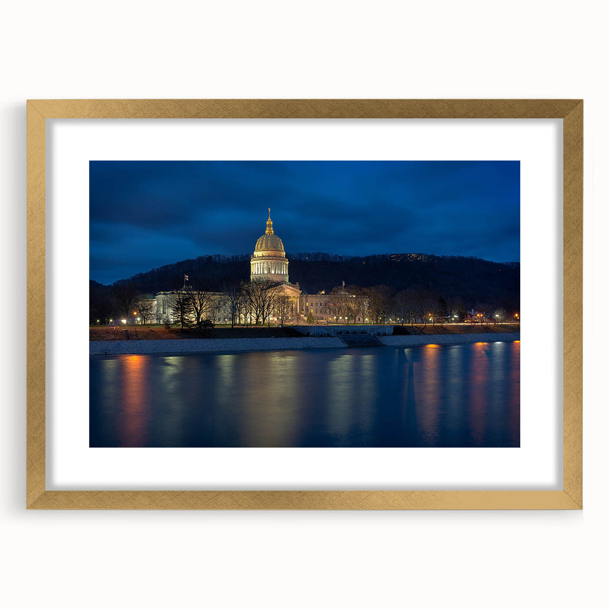 Extra large wall art depicting abstract West Virginia scenery in textured gold tones, framed with a mat.