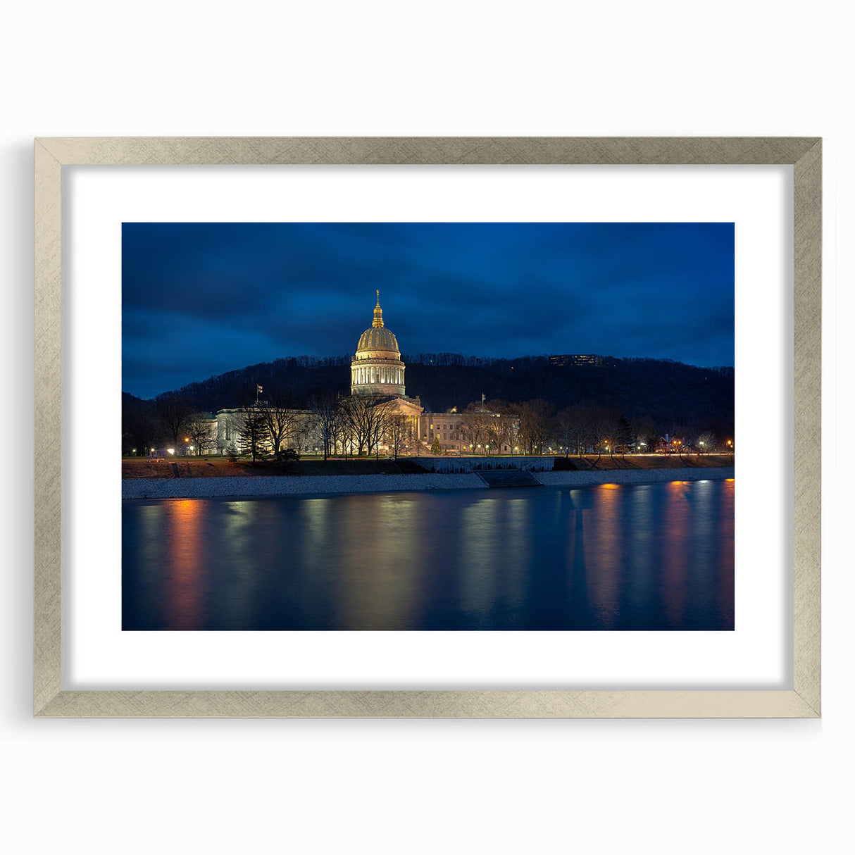 Textured abstract art print of West Virginia scenery in muted earth tones on a framed silver mat, ideal for bedroom art.