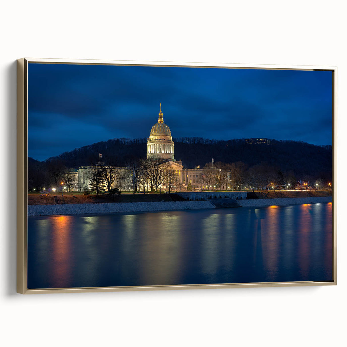 Framed canvas depicting a vintage-style West Virginia landscape in black and gold tones, ideal for bedroom decor.