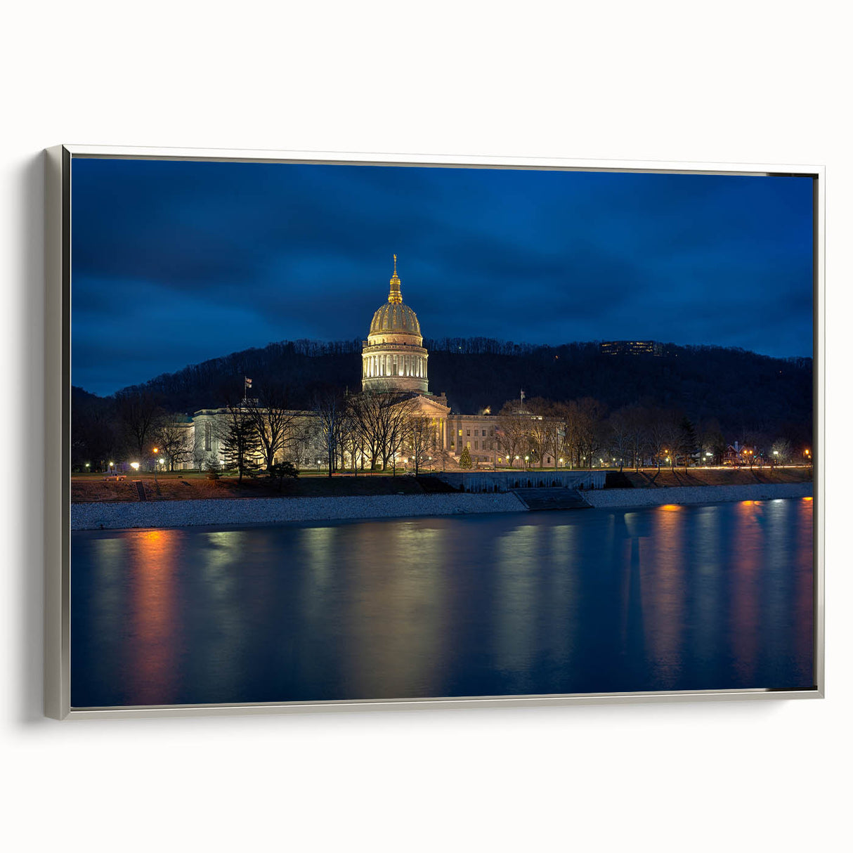 Framed canvas landscape art painting of West Virginia hills in muted earth tones, ideal for rustic living room decor.