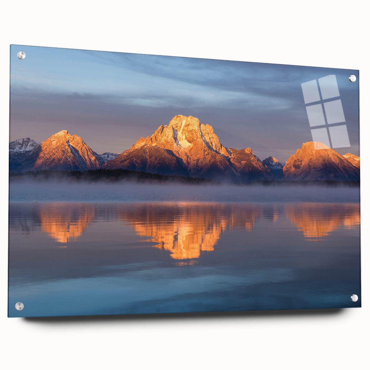 Acrylic print of the Grand Tetons with vivid blue and green tones, suitable for bedroom or dining room decor.
