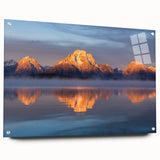 Acrylic print of the Grand Tetons with vivid blue and green tones, suitable for bedroom or dining room decor.