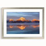 Extra large abstract art print of Wyoming's Grand Tetons in textured silver frame, ideal for living room decor.