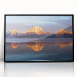 Large abstract wall art of the Grand Tetons in muted earth tones on a framed acrylic, suitable for modern living room decor.