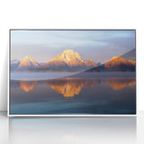 Acrylic print of the Grand Tetons in muted earth tones, framed in white, suitable for modern art wall decor.