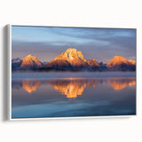 Vintage poster art of Grand Tetons on a framed canvas, featuring black and colorful motifs.