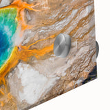 Large abstract depiction of Yellowstone, in muted earth tones on acrylic glass, ideal for dining room art.