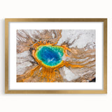 Abstract art print of Yellowstone featuring vibrant colors and textured design on a large framed canvas.