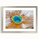 Extra large wall art of abstract Yellowstone scenery in textured silver frame, ideal for living room decor.