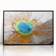 Acrylic print of Yellowstone scenery with vibrant green and blue tones in an art deco style.