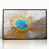 Acrylic print of Yellowstone scenery with vibrant green and blue tones in an art deco style.