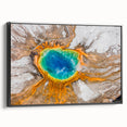 Extra large black framed canvas depicting a textured, colorful Yellowstone scenery, suitable for living room decor.