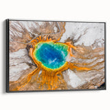 Extra large black framed canvas depicting a textured, colorful Yellowstone scenery, suitable for living room decor.