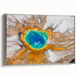 Landscape art painting of Yellowstone, featuring colorful geothermal features on a black framed canvas.