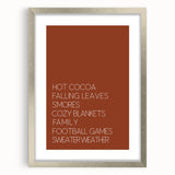 Textured abstract art print in warm autumn hues on a silver-framed canvas, suitable for bedroom decor.