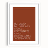 Abstract art print depicting autumn trees in orange and red hues on a white framed canvas, ideal for dining room decor.