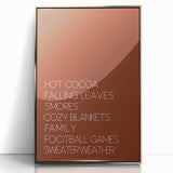 Mid-century modernist art depicting fall scenery in muted orange and brown tones, framed in silver acrylic.