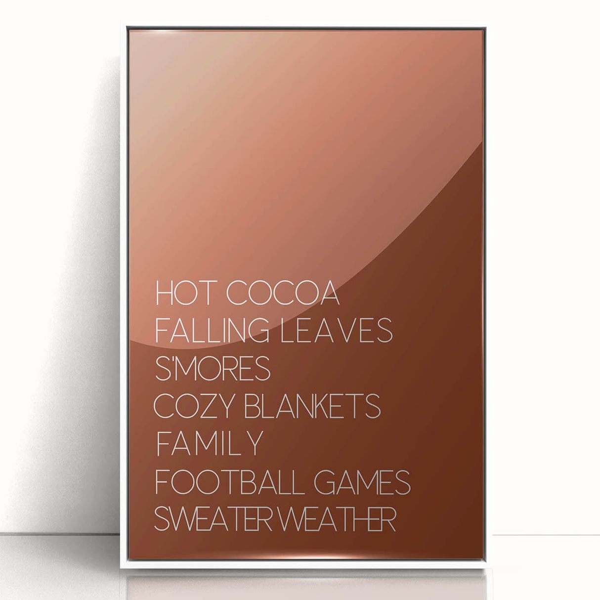 Art deco poster of a fall scene with warm orange and brown tones, framed in white acrylic, ideal for nursery wall art.