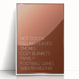 Art deco poster of a fall scene with warm orange and brown tones, framed in white acrylic, ideal for nursery wall art.