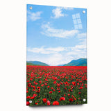 Large abstract wall art depicting spring season in vibrant green and pink tones on acrylic glass.