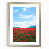 Textured art abstract print in spring themes with soft green and pink hues on a silver-framed canvas.