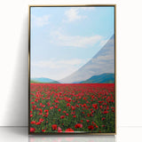 Large art print of a mid-century modernist spring scene in pastel shades, framed in gold acrylic.