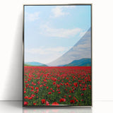 Mid-century modernist art depicting springtime with vibrant greens and yellows on a silver-framed acrylic.