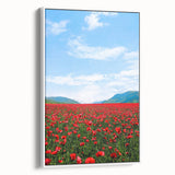 Vintage poster art of spring season with colorful floral motifs on a white framed canvas, ideal for living room decor.