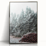 Mid-century modernist art depicting a winter scene in muted blue and silver tones on a framed acrylic.