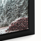 Extra large framed canvas depicting a textured winter scene in black with colorful accents, suitable for living room decor.